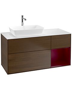 Villeroy und Boch Finion Waschtischunterschrank F811HBGN 120cm, Abdeckplatte white matt, Regale Peony matt lacquer, Walnut veneer