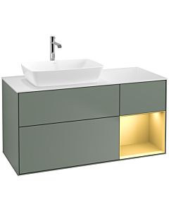 Villeroy und Boch Finion Waschtischunterschrank F811HFGM 120cm, Abdeckplatte white matt, Regale Gold matt lacquer, Olive Matt Lacquer