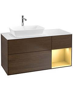 Villeroy und Boch Finion Waschtischunterschrank F811HFGN 120cm, Abdeckplatte white matt, Regale Gold matt lacquer, Walnut veneer