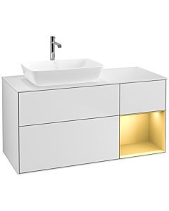 Villeroy und Boch Finion Villeroy und Boch F811HFMT 120cm, plaque de recouvrement blanc mat, étagères laqué mat doré, laqué blanc mat