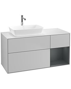 Villeroy und Boch Finion Waschtischunterschrank F811HGGJ 120cm, Abdeckplatte white matt, Regale Midnight matt lacquer, Light grey matt