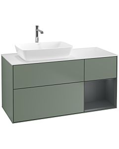 Villeroy und Boch Finion Waschtischunterschrank F811HGGM 120cm, Abdeckplatte white matt, Regale Midnight matt lacquer, Olive Matt Lacquer