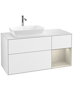 Villeroy und Boch Finion Waschtischunterschrank F811HHGF 120cm, Abdeckplatte white matt, Regale sand matt lacquer, Glossy white lacquer