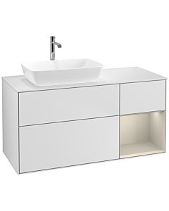 Villeroy und Boch Finion Waschtischunterschrank F811HHMT 120cm, Abdeckplatte white matt, Regale sand matt lacquer, White matt lacquer