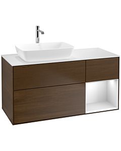 Villeroy und Boch Finion Waschtischunterschrank F811MTGN 120cm, Abdeckplatte white matt, Regale White matt lacquer, Walnut veneer