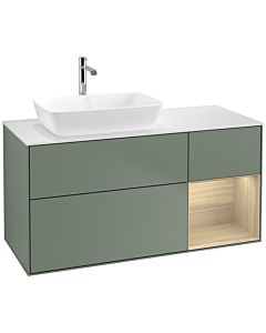 Villeroy und Boch Finion Waschtischunterschrank F811PCGM 120cm, Abdeckplatte white matt, Regale Oak Veneer, Olive Matt Lacquer