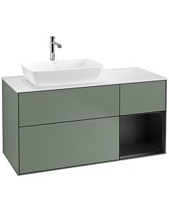 Villeroy und Boch Finion Villeroy und Boch F811PDGM 120cm, plaque de finition blanc mat, étagères laqué noir mat, Olive Matt Lacquer