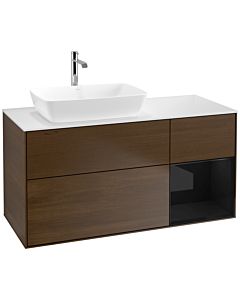 Villeroy und Boch Finion Waschtischunterschrank F811PHGN 120cm, Abdeckplatte white matt, Regale Glossy black lacquer, Walnut veneer