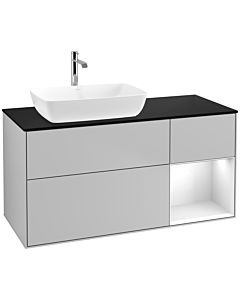 Villeroy und Boch Finion Waschtischunterschrank F812GFGJ 120cm, Abdeckplatte black matt, Regale Glossy white lacquer, Light grey matt