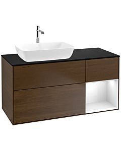 Villeroy und Boch Finion Waschtischunterschrank F812GFGN 120cm, Abdeckplatte black matt, Regale Glossy white lacquer, Walnut veneer