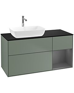Villeroy und Boch Finion Waschtischunterschrank F812GKGM 120cm, Abdeckplatte black matt, Regale Anthracite matt lacquer, Olive Matt Lacquer
