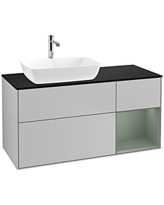 Villeroy und Boch Finion Waschtischunterschrank F812GMGJ 120cm, Abdeckplatte black matt, Regale Olive matt lacquer, Light grey matt