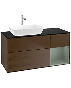 Villeroy und Boch Finion Waschtischunterschrank F812GMGN 120cm, Abdeckplatte black matt, Regale Olive matt lacquer, Walnut veneer