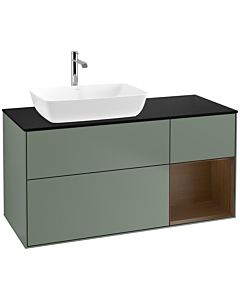 Villeroy und Boch Finion Waschtischunterschrank F812GNGM 120cm, Abdeckplatte black matt, Regale Walnut Veneer, Olive Matt Lacquer