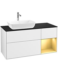 Villeroy und Boch Finion Waschtischunterschrank F812HFGF 120cm, Abdeckplatte black matt, Regale Gold matt lacquer, Glossy white lacquer