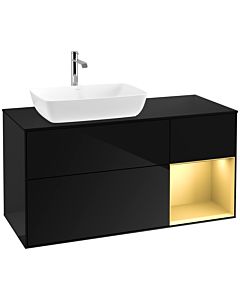 Villeroy und Boch Finion Waschtischunterschrank F812HFPH 120cm, Abdeckplatte black matt, Regale Gold matt lacquer, Glossy Black Lacquer