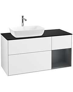 Villeroy und Boch Finion Waschtischunterschrank F812HGGF 120cm, Abdeckplatte black matt, Regale Midnight matt lacquer, Glossy white lacquer