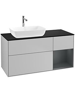 Villeroy und Boch Finion Waschtischunterschrank F812HGGJ 120cm, Abdeckplatte black matt, Regale Midnight matt lacquer, Light grey matt