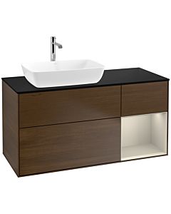 Villeroy und Boch Finion Waschtischunterschrank F812HHGN 120cm, Abdeckplatte black matt, Regale sand matt lacquer, Walnut veneer