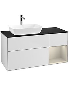 Villeroy und Boch Finion Waschtischunterschrank F812HHMT 120cm, Abdeckplatte black matt, Regale sand matt lacquer, White matt lacquer