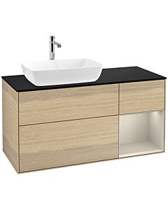 Villeroy und Boch Finion Waschtischunterschrank F812HHPC 120cm, Abdeckplatte black matt, Regale sand matt lacquer, Oak Veneer