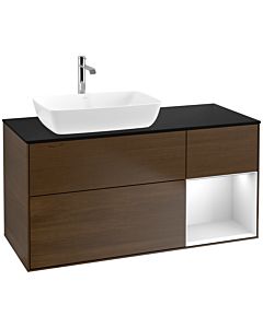 Villeroy und Boch Finion Waschtischunterschrank F812MTGN 120cm, Abdeckplatte black matt, Regale White matt lacquer, Walnut veneer