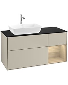 Villeroy und Boch Finion Waschtischunterschrank F812PCHH 120cm, Abdeckplatte black matt, Regale Oak Veneer, Sand Matt Lacquer