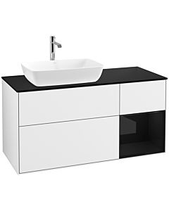 Villeroy und Boch Finion Waschtischunterschrank F812PHGF 120cm, Abdeckplatte black matt, Regale Glossy black lacquer, Glossy white lacquer
