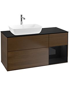 Villeroy und Boch Finion Waschtischunterschrank F812PHGN 120cm, Abdeckplatte black matt, Regale Glossy black lacquer, Walnut veneer