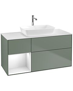 Villeroy und Boch Finion Waschtischunterschrank F821GFGM 120cm, Abdeckplatte white matt, Regale Glossy white lacquer, Olive Matt Lacquer