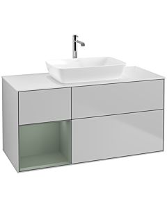 Villeroy und Boch Finion Villeroy und Boch F821GMGJ 120cm, plaque de recouvrement blanc mat, étagères laqué olive mat, gris clair mat