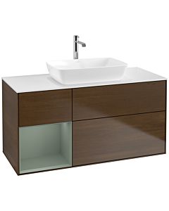 Villeroy und Boch Finion Waschtischunterschrank F821GMGN 120cm, Abdeckplatte white matt, Regale Olive matt lacquer, Walnut veneer
