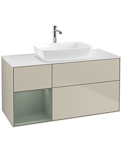 Villeroy und Boch Finion Waschtischunterschrank F821GMHH 120cm, Abdeckplatte white matt, Regale Olive matt lacquer, Sand Matt Lacquer