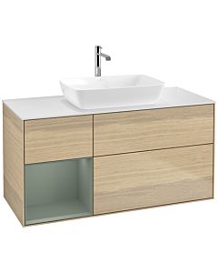 Villeroy und Boch Finion Waschtischunterschrank F821GMPC 120cm, Abdeckplatte white matt, Regale Olive matt lacquer, Oak Veneer