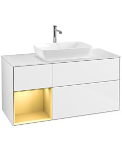 Villeroy und Boch Finion Waschtischunterschrank F821HFGF 120cm, Abdeckplatte white matt, Regale Gold matt lacquer, Glossy white lacquer
