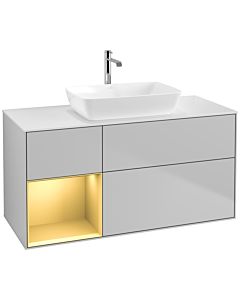 Villeroy und Boch Finion Villeroy und Boch F821HFGJ 120cm, plaque de recouvrement blanc mat, étagères laqué or mat, gris clair mat