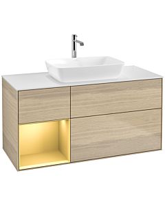 Villeroy und Boch Finion Waschtischunterschrank F821HFPC 120cm, Abdeckplatte white matt, Regale Gold matt lacquer, Oak Veneer