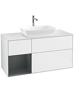 Villeroy und Boch Finion Waschtischunterschrank F821HGGF 120cm, Abdeckplatte white matt, Regale Midnight matt lacquer, Glossy white lacquer