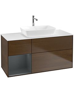 Villeroy und Boch Finion Waschtischunterschrank F821HGGN 120cm, Abdeckplatte white matt, Regale Midnight matt lacquer, Walnut veneer