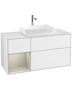 Villeroy und Boch Finion Waschtischunterschrank F821HHGF 120cm, Abdeckplatte white matt, Regale sand matt lacquer, Glossy white lacquer
