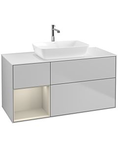 Villeroy und Boch Finion Villeroy und Boch F821HHGJ 120cm, plaque de finition blanc mat, étagères laqué sable mat, gris clair mat