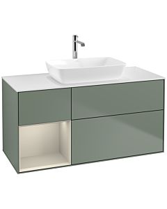 Villeroy und Boch Finion Waschtischunterschrank F821HHGM 120cm, Abdeckplatte white matt, Regale sand matt lacquer, Olive Matt Lacquer