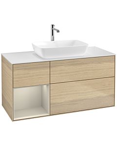 Villeroy und Boch Finion Waschtischunterschrank F821HHPC 120cm, Abdeckplatte white matt, Regale sand matt lacquer, Oak Veneer