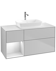 Villeroy und Boch Finion Waschtischunterschrank F821MTGJ 120cm, Abdeckplatte white matt, Regale White matt lacquer, Light grey matt