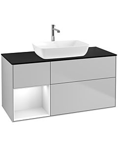 Villeroy und Boch Finion Villeroy und Boch F822GFGJ 120cm, plaque de finition noir mat, étagères laqué blanc brillant, gris clair mat