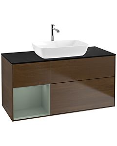 Villeroy und Boch Finion Waschtischunterschrank F822GMGN 120cm, Abdeckplatte black matt, Regale Olive matt lacquer, Walnut veneer