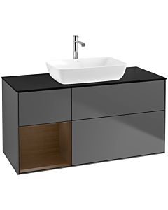 Villeroy und Boch Finion Waschtischunterschrank F822GNGK 120cm, Abdeckplatte black matt, Regale Walnut Veneer, Anthracite matt