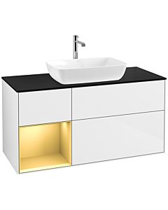 Villeroy und Boch Finion Waschtischunterschrank F822HFGF 120cm, Abdeckplatte black matt, Regale Gold matt lacquer, Glossy white lacquer