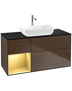 Villeroy und Boch Finion Waschtischunterschrank F822HFGN 120cm, Abdeckplatte black matt, Regale Gold matt lacquer, Walnut veneer
