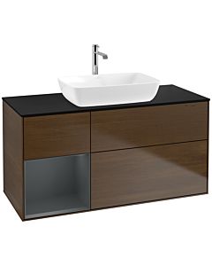 Villeroy und Boch Finion Waschtischunterschrank F822HGGN 120cm, Abdeckplatte black matt, Regale Midnight matt lacquer, Walnut veneer